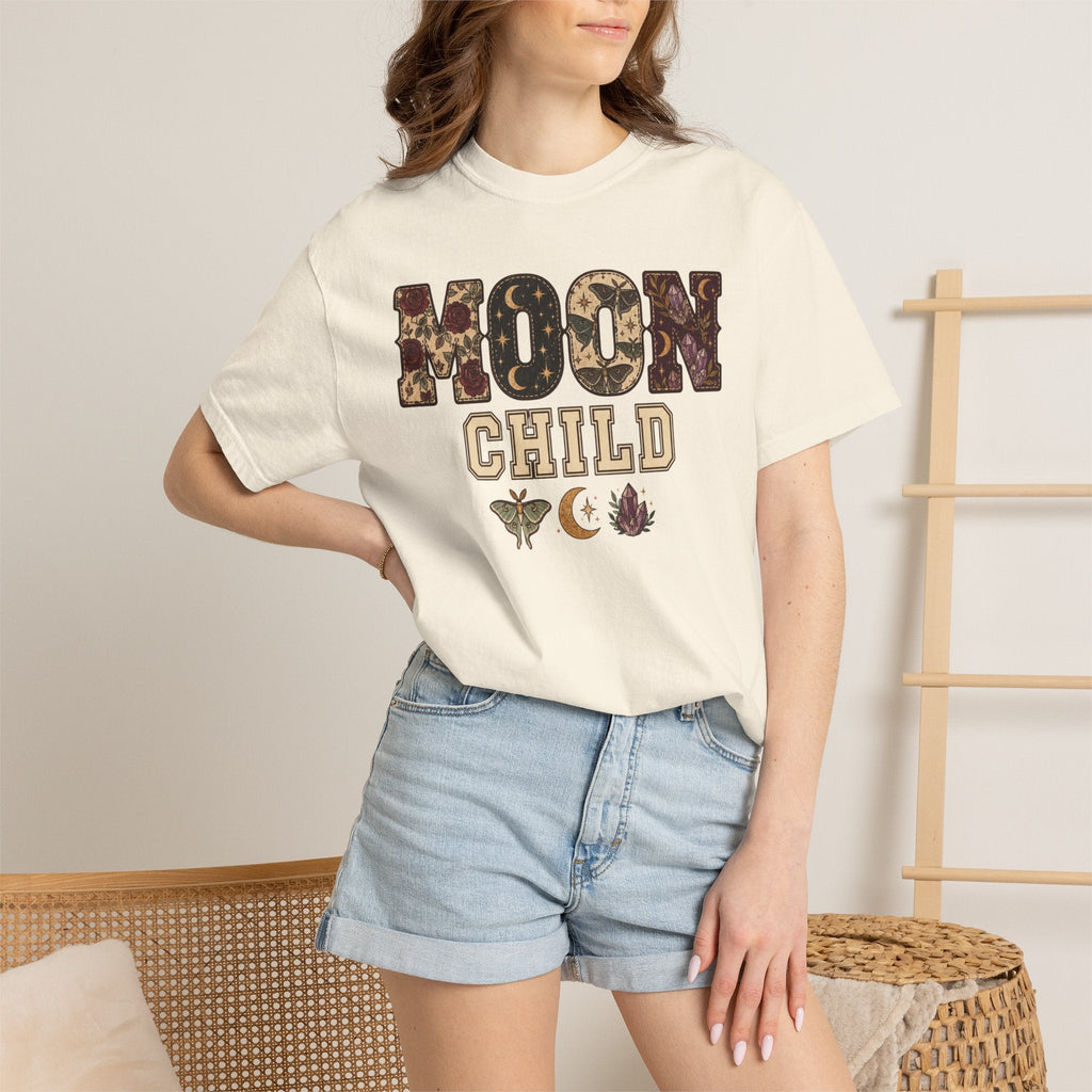 Wicked Thread Society cream heavyweight cotton graphic tee with Moon Child floral and celestial print on a model.