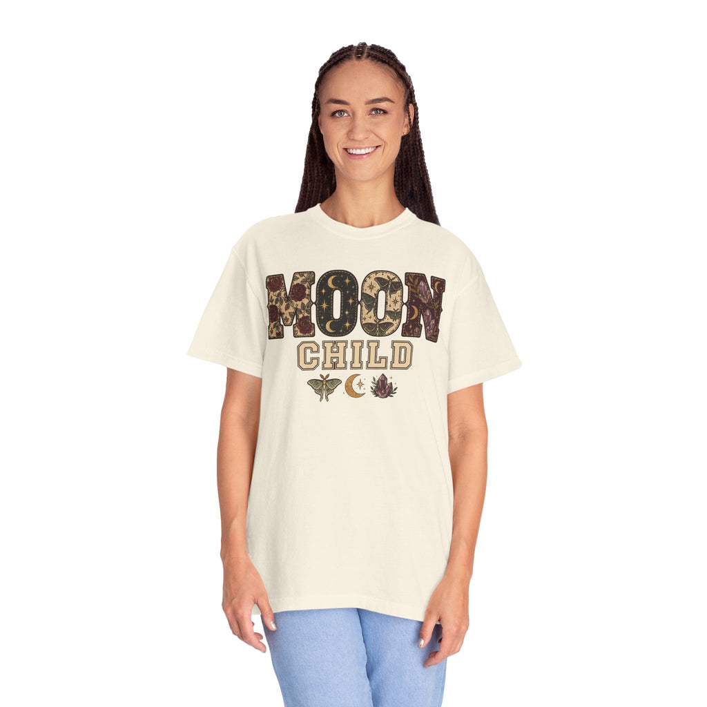 Wicked Thread Society cream heavyweight cotton graphic tee with Moon Child floral celestial print on a smiling model