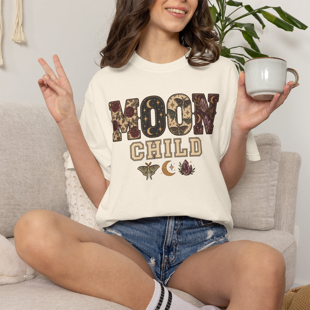 Wicked Thread Society cream heavyweight cotton graphic tee featuring Moon Child text with floral and celestial art.