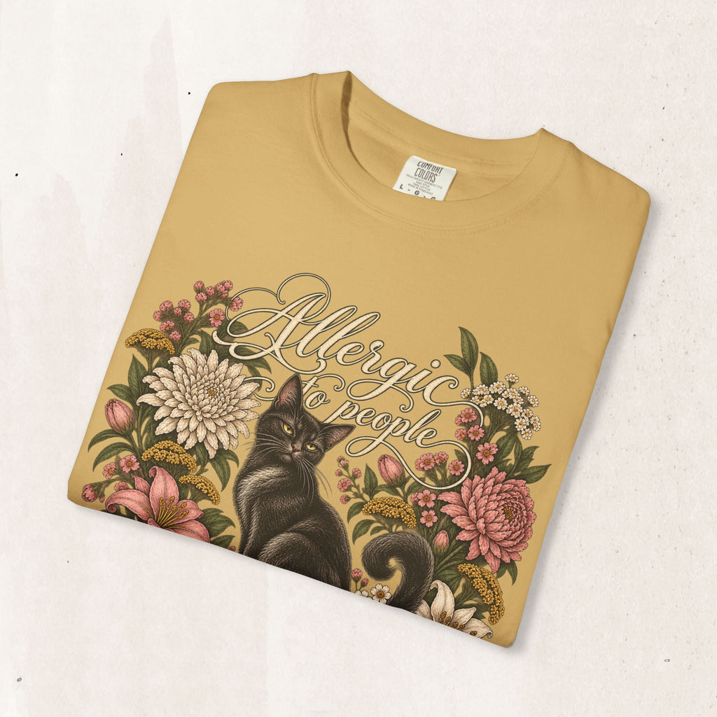 Wicked Thread Society mustard yellow graphic tee featuring a black cat illustration and floral wreath design.