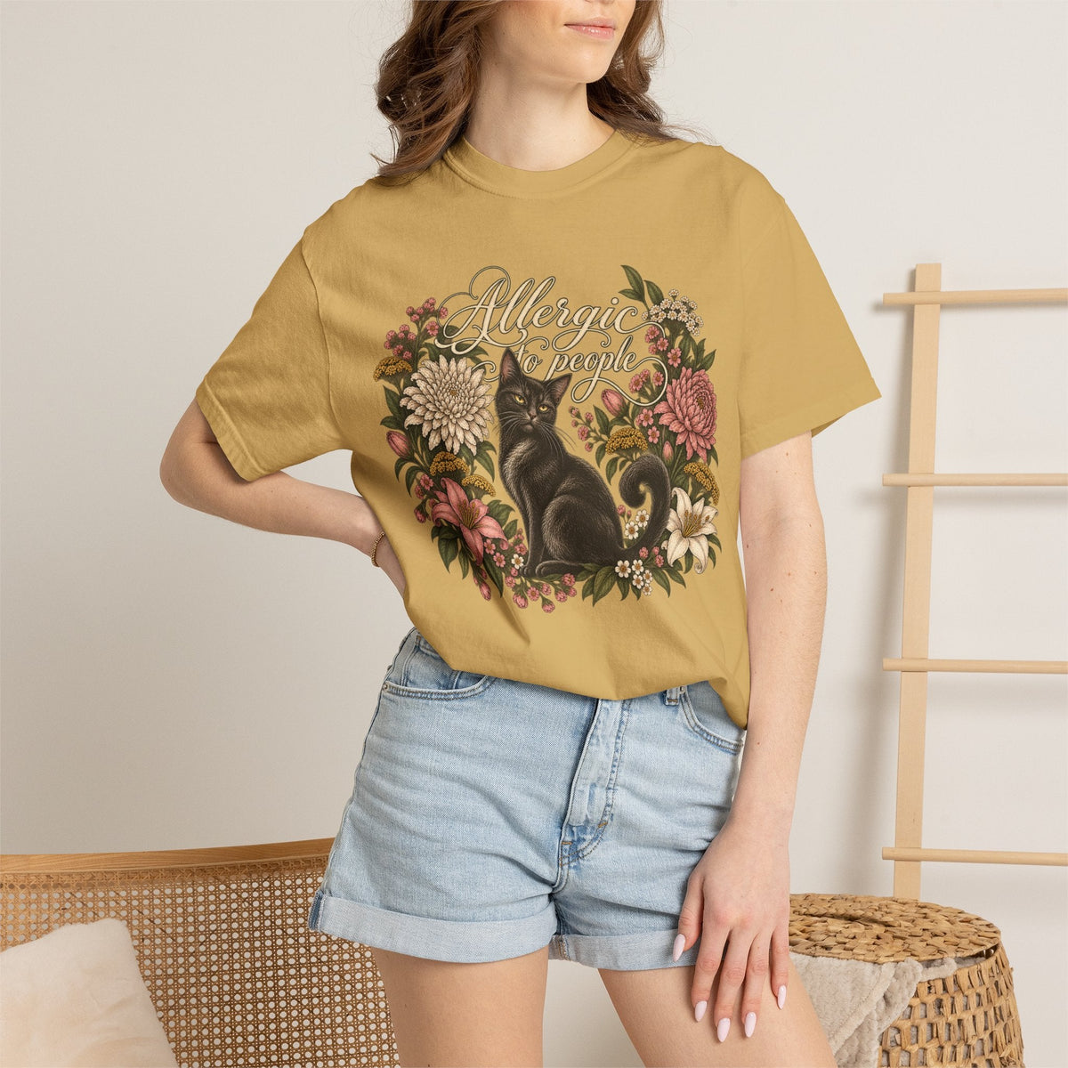 Wicked Thread Society mustard yellow graphic tee featuring a black cat illustration inside a vintage floral wreath.
