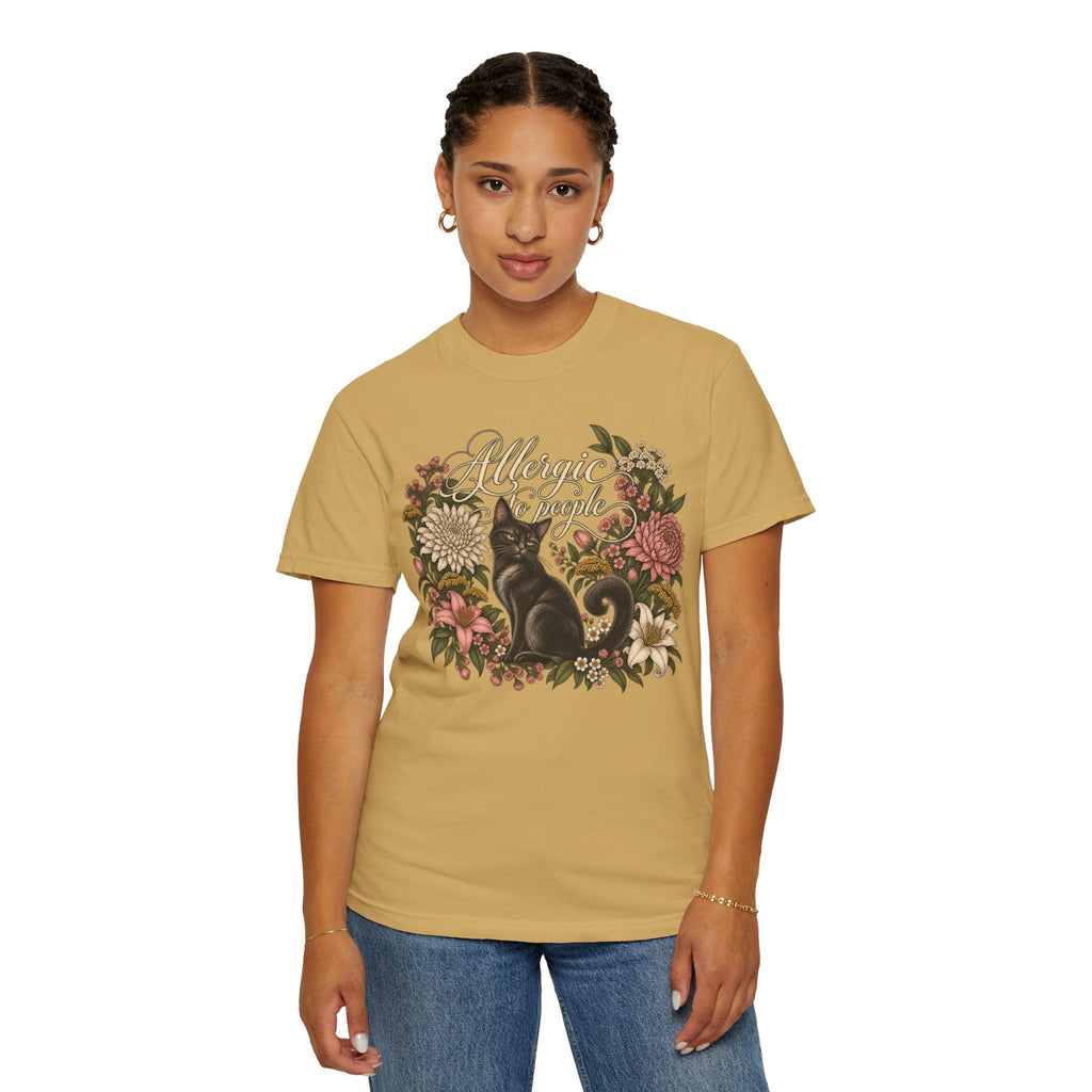 Wicked Thread Society mustard yellow graphic tee featuring a black cat illustration and floral wreath design.