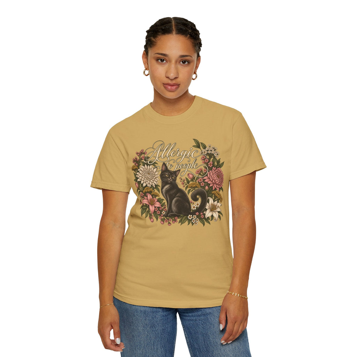 Wicked Thread Society mustard yellow graphic tee featuring a black cat illustration and floral wreath design.