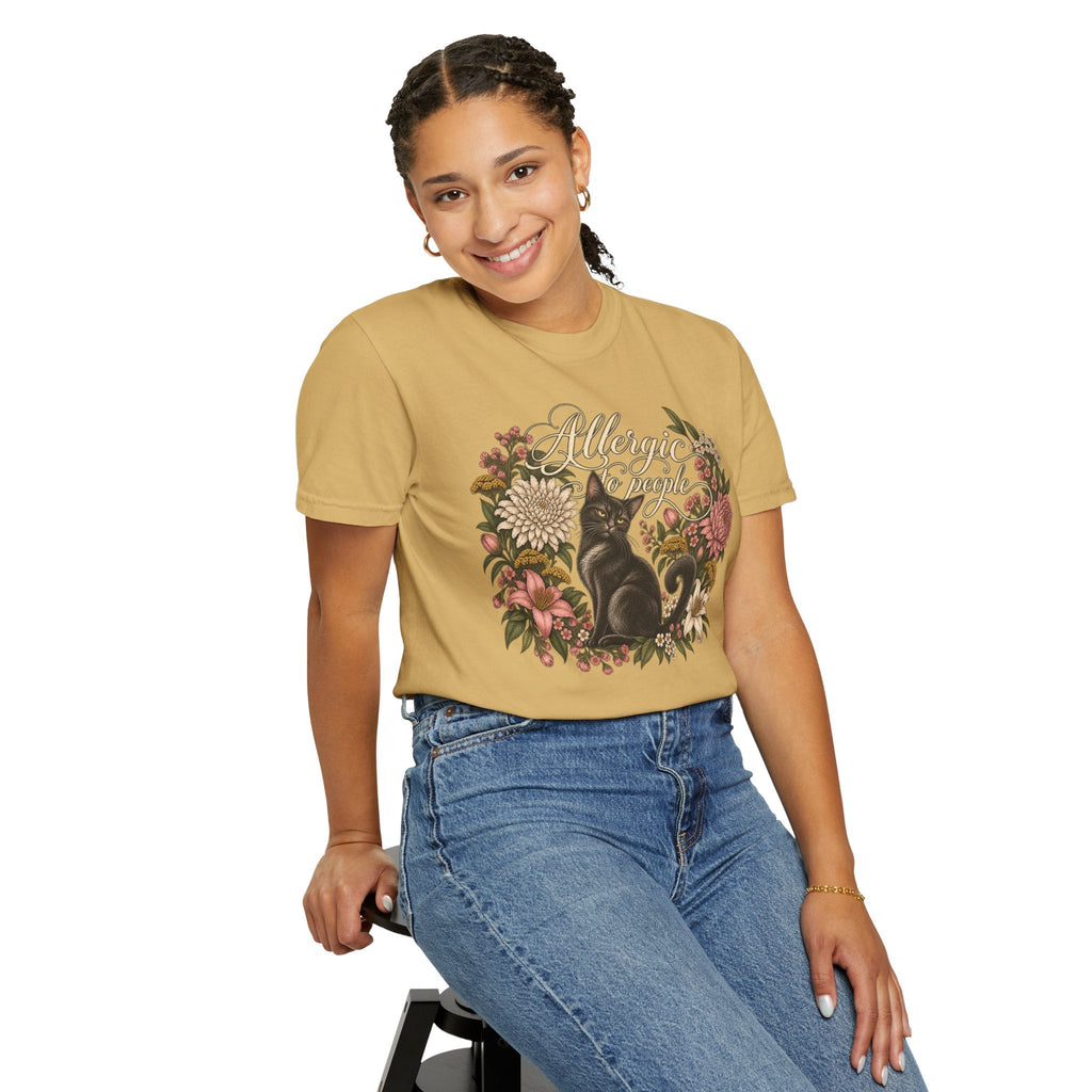 Wicked Thread Society mustard yellow graphic tee featuring a black cat and floral wreath with Allergic to People text