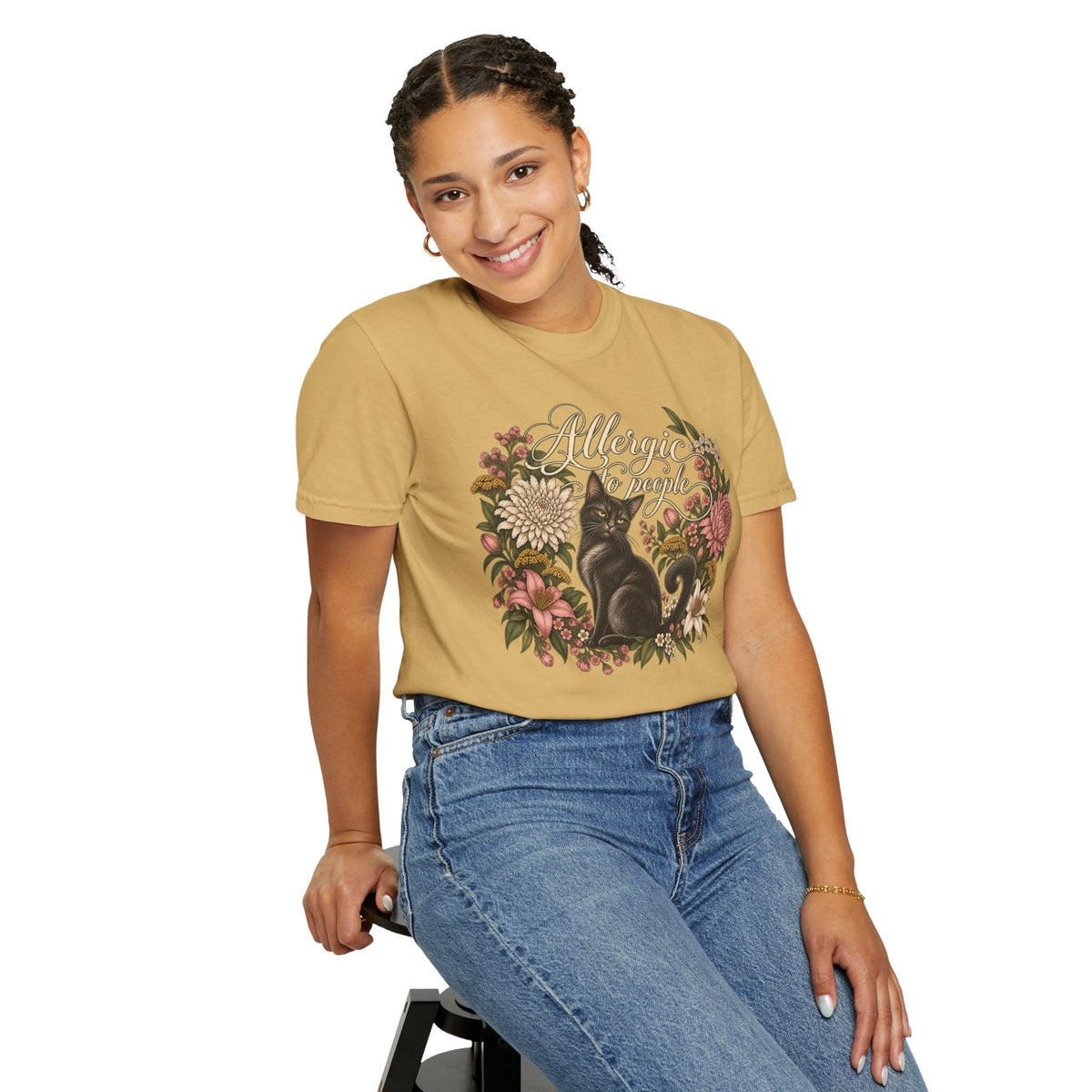 Wicked Thread Society mustard yellow graphic tee featuring a black cat and floral wreath with Allergic to People text