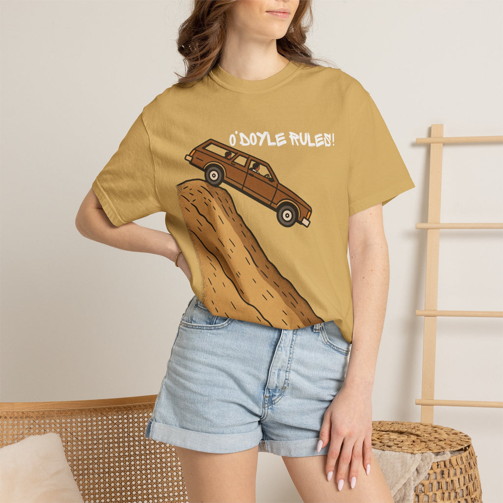 Wicked Thread Society mustard yellow heavyweight cotton graphic tee featuring a vintage wood-paneled wagon illustration.