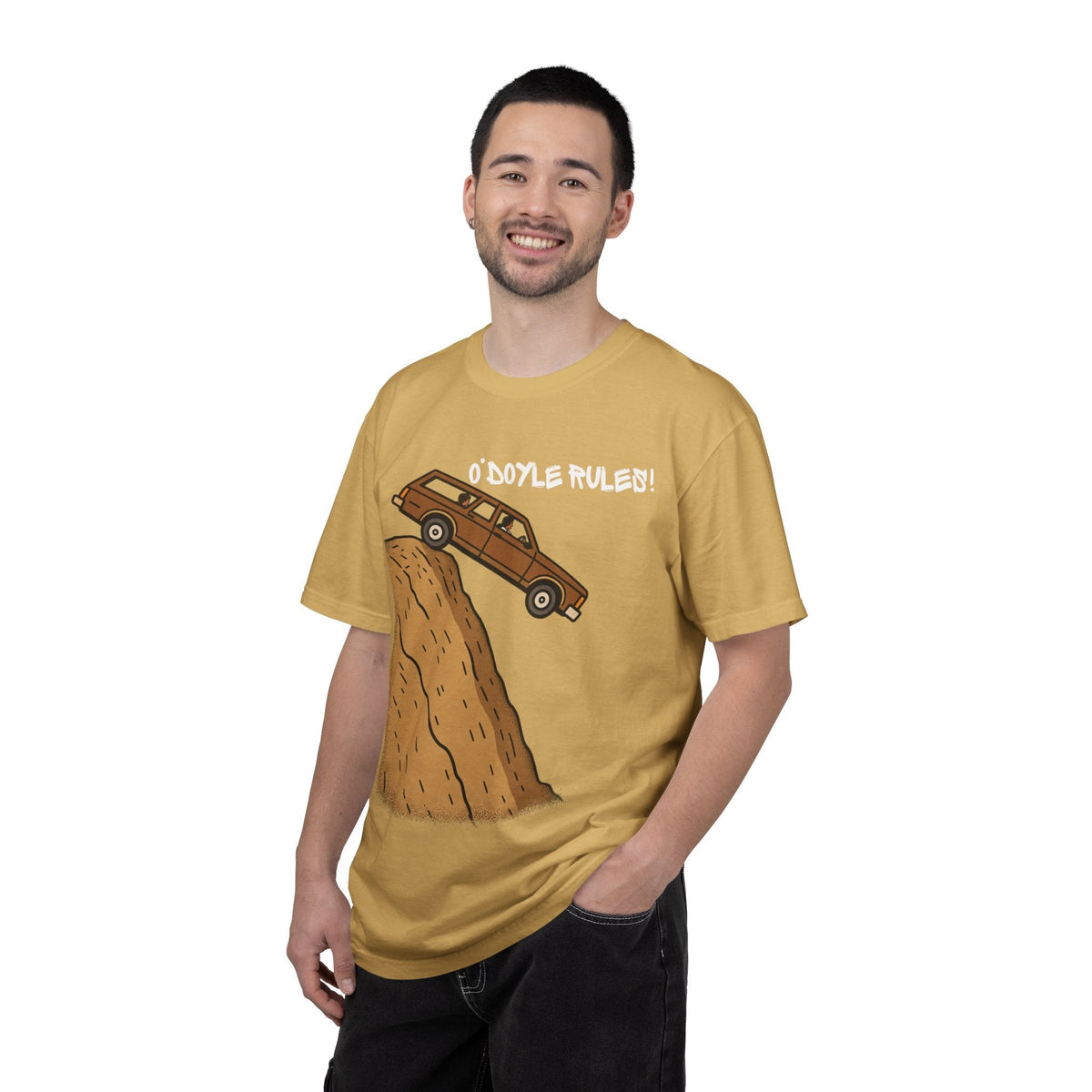 Wicked Thread Society mustard yellow heavyweight cotton graphic tee featuring a Billy Madison O'Doyle Rules wagon