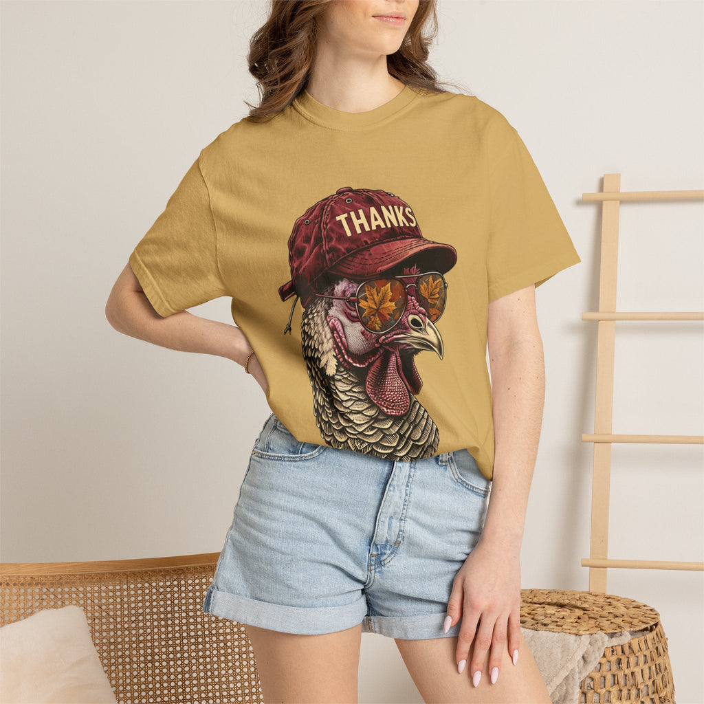 Wicked Thread Society mustard yellow t-shirt featuring a turkey wearing a baseball cap and sunglasses