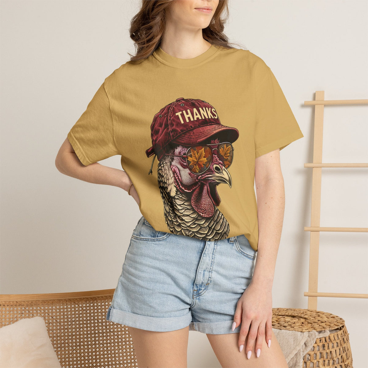 Wicked Thread Society mustard yellow t-shirt featuring a turkey wearing a baseball cap and sunglasses