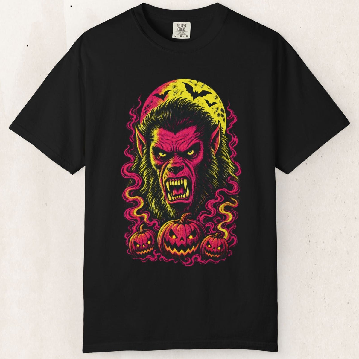 Neon Werewolf Halloween Tee – Full Moon & Pumpkins – Black