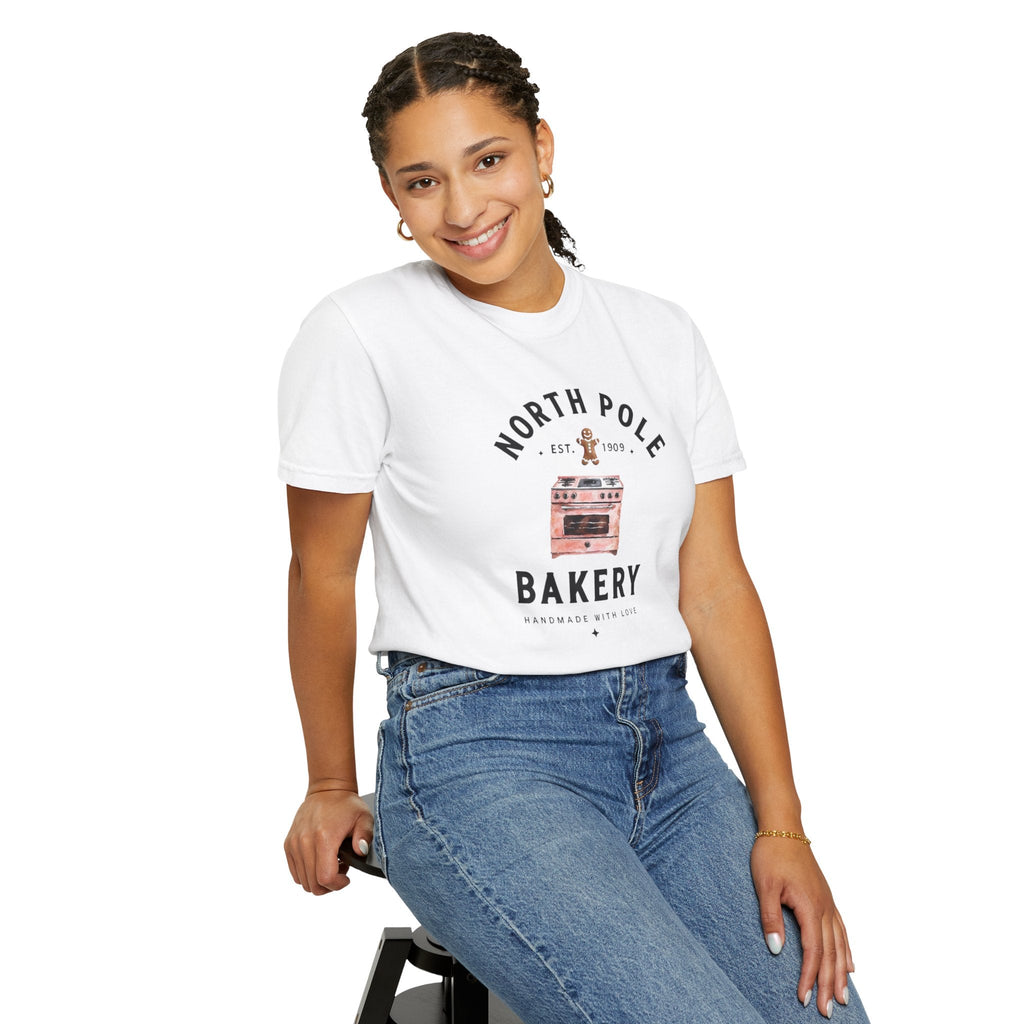 Wicked Thread Society white heavyweight cotton t-shirt featuring a vintage North Pole Bakery oven graphic on a model