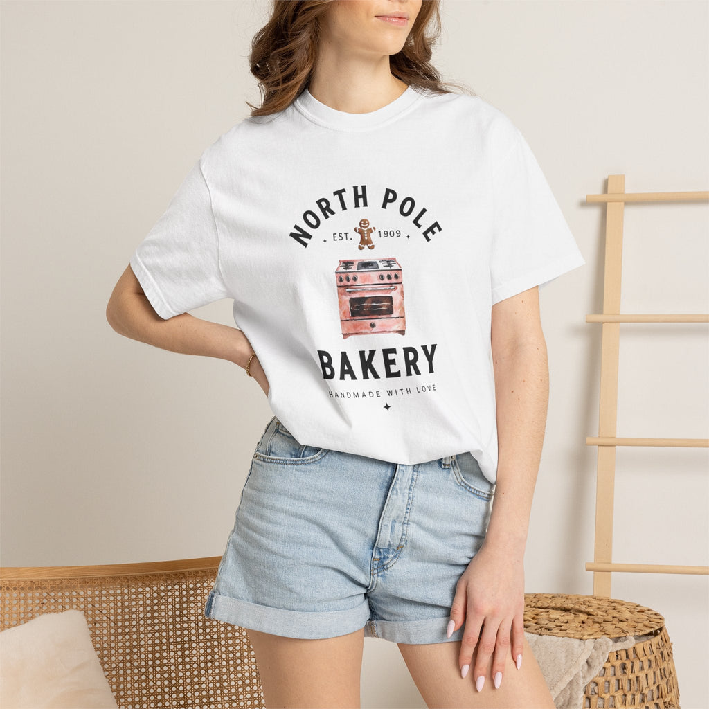 Wicked Thread Society white heavyweight cotton t-shirt featuring a vintage North Pole Bakery oven graphic on a model.