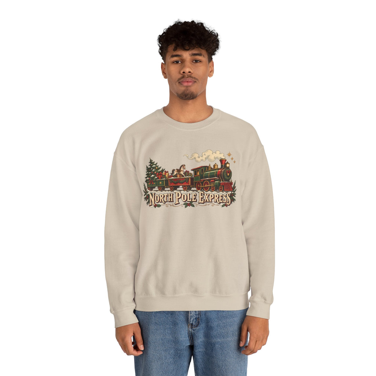 Wicked Thread Society beige crewneck sweatshirt featuring a vintage North Pole Express steam train holiday graphic.