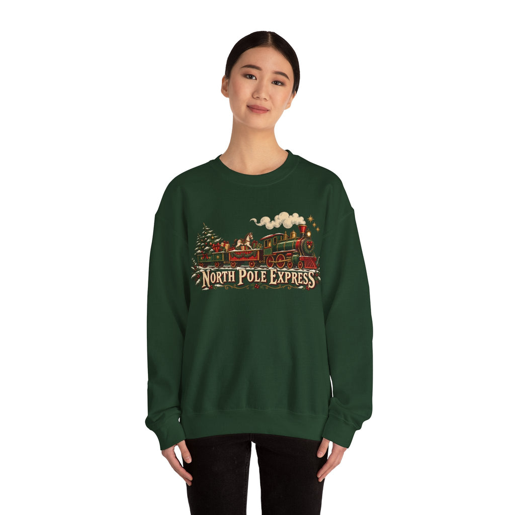 Wicked Thread Society dark green crewneck sweatshirt featuring a vintage North Pole Express steam train holiday graphic