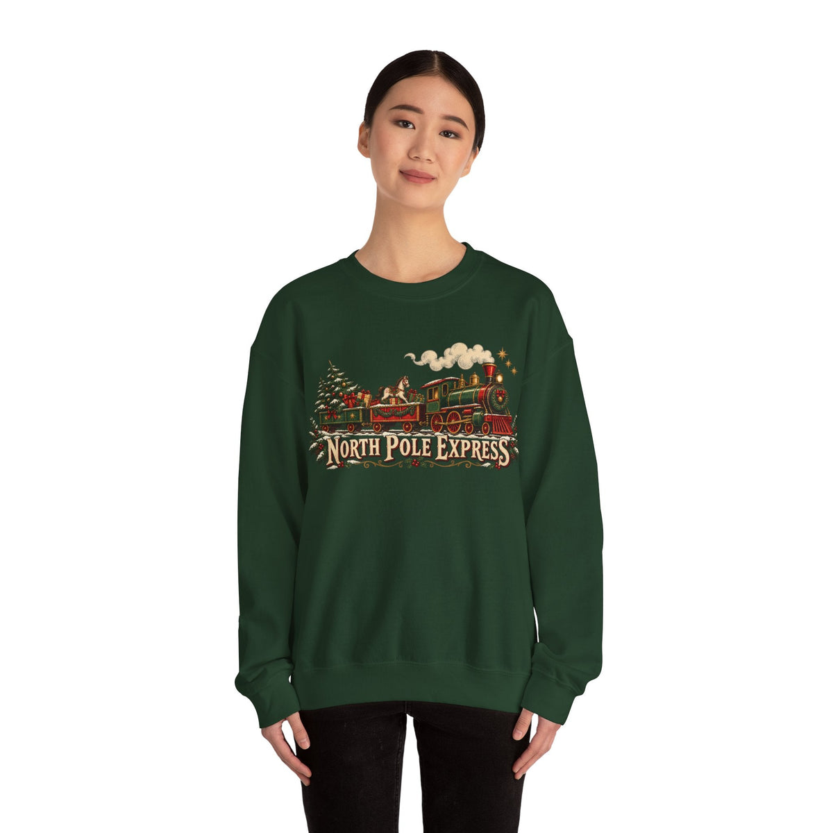 Wicked Thread Society dark green crewneck sweatshirt featuring a vintage North Pole Express steam train holiday graphic