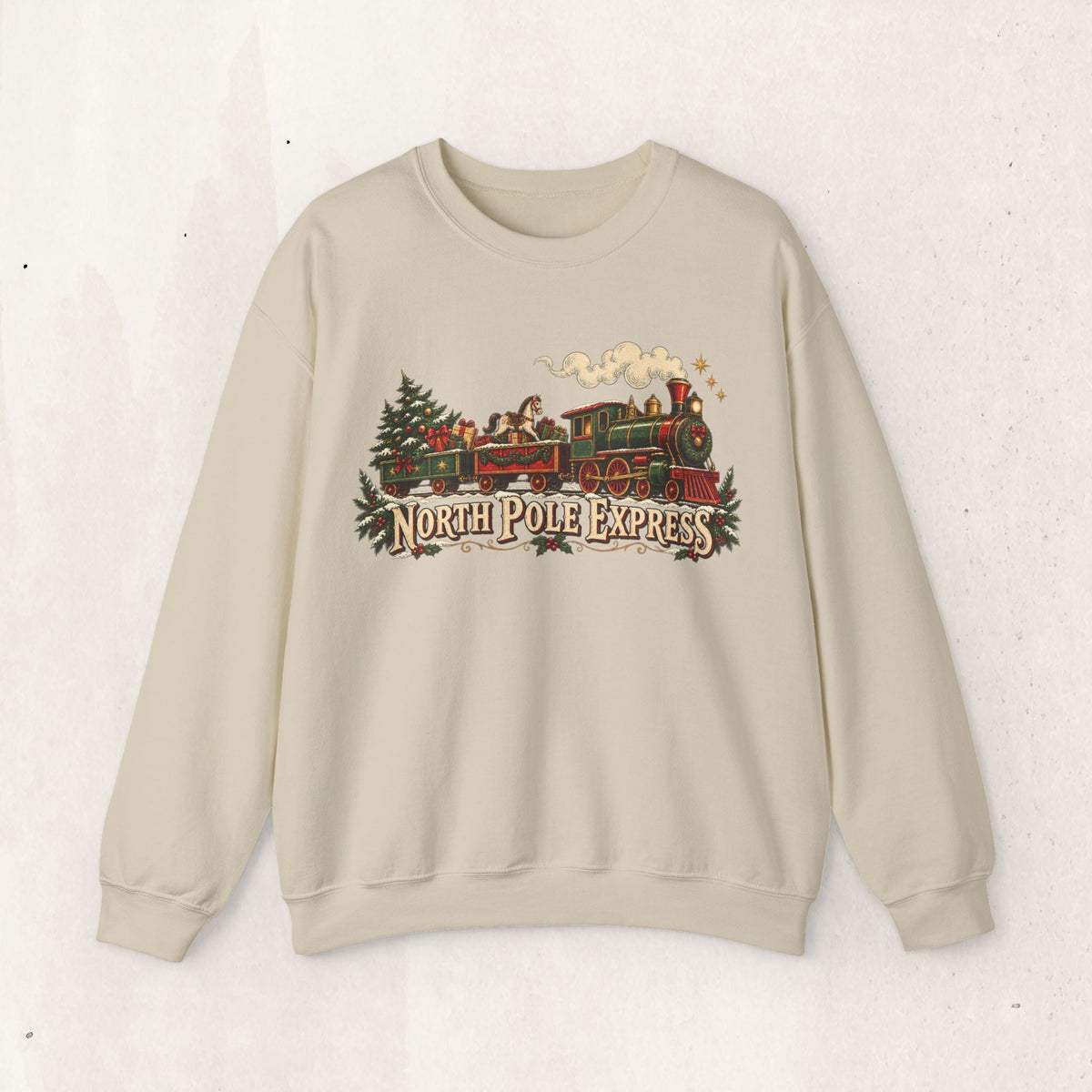 Wicked Thread Society beige crewneck sweatshirt featuring a vintage North Pole Express steam train Christmas graphic.