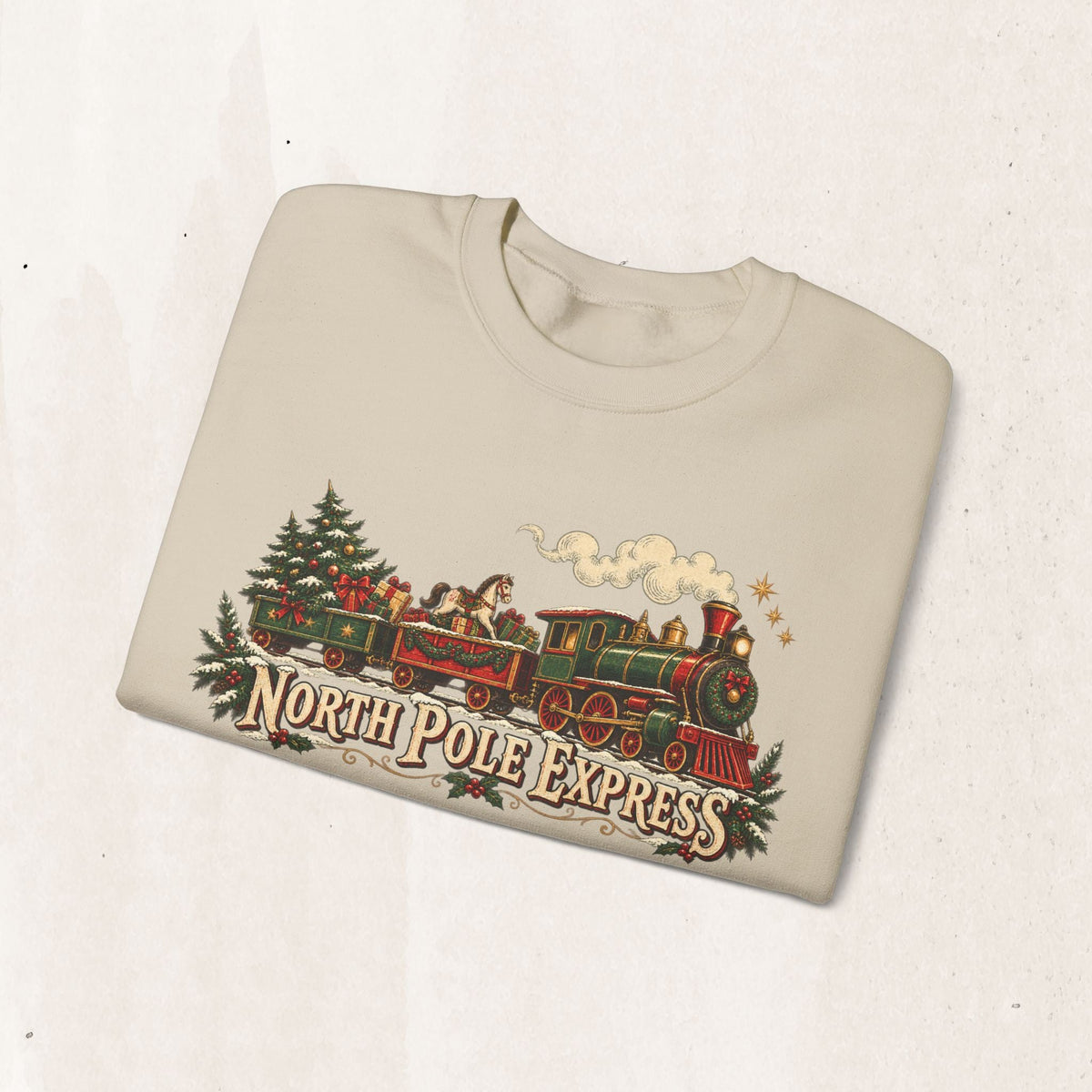 Wicked Thread Society beige crewneck sweatshirt featuring a vintage North Pole Express steam train Christmas graphic