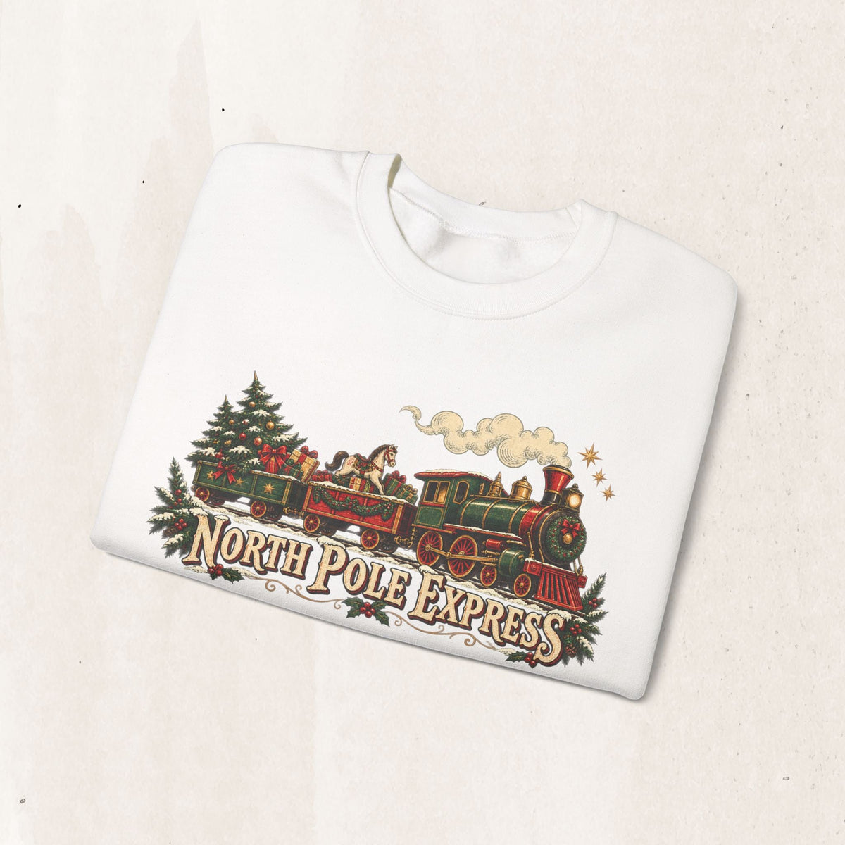 Wicked Thread Society white crewneck sweatshirt featuring a vintage North Pole Express steam train holiday graphic.