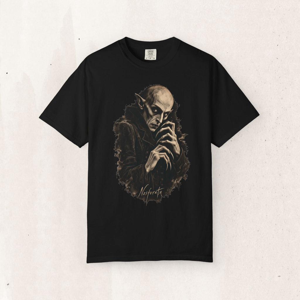 Wicked Thread Society black t-shirt featuring a detailed sepia-toned Nosferatu vampire portrait graphic