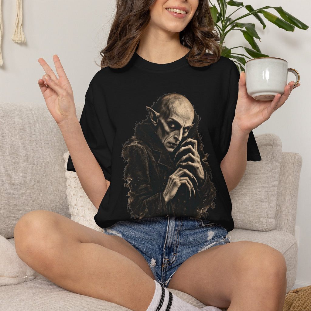 Wicked Thread Society black t-shirt featuring a sepia-toned Nosferatu vampire portrait worn by a smiling woman