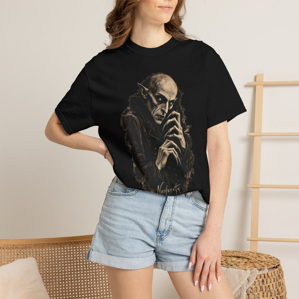 Wicked Thread Society black cotton t-shirt featuring a sepia-toned Nosferatu vampire portrait graphic on a woman
