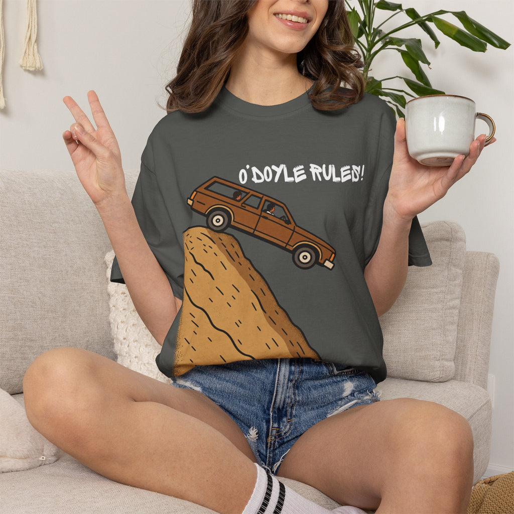 Wicked Thread Society relaxed-fit charcoal grey cotton tee featuring a vintage wood-paneled wagon O'Doyle Rules graphic