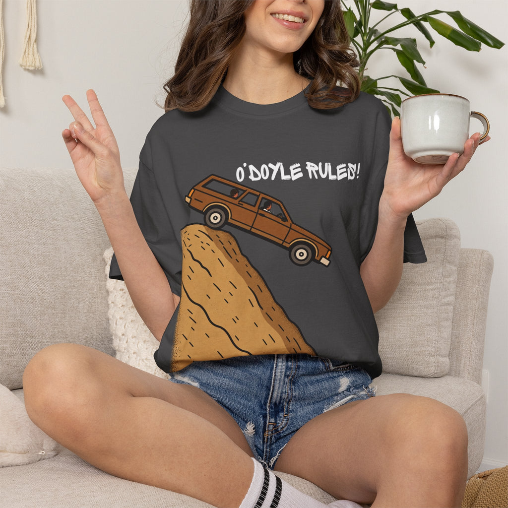 Wicked Thread Society charcoal grey heavyweight cotton graphic tee featuring an O'Doyle Rules wood-paneled wagon print.