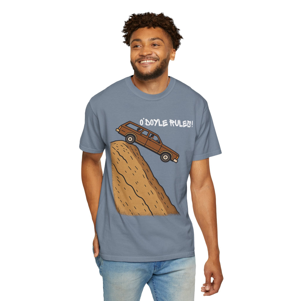 Wicked Thread Society relaxed-fit blue cotton graphic tee featuring a wood-paneled wagon on a hill.