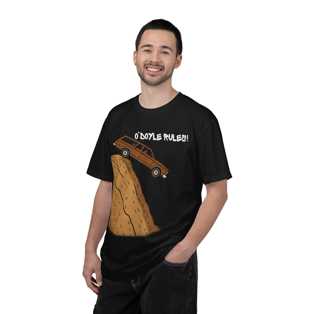 A smiling man wearing a black Wicked Thread Society relaxed-fit cotton tee with an O'Doyle Rules graphic print.