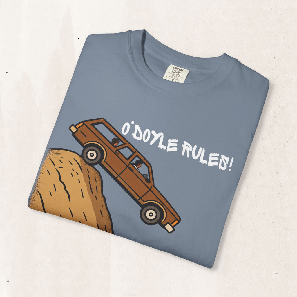 Wicked Thread Society blue garment-dyed cotton t-shirt featuring a Billy Madison O'Doyle Rules woodie wagon graphic.