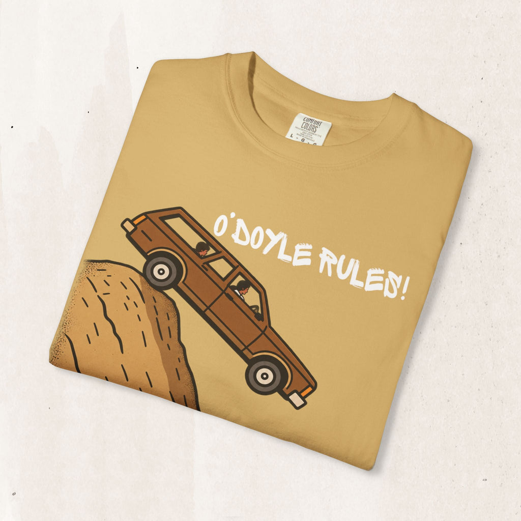 Wicked Thread Society mustard yellow heavyweight cotton graphic tee featuring a wood-paneled wagon and O'Doyle Rules