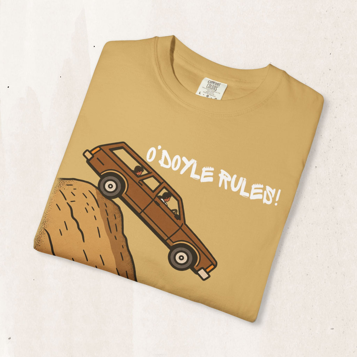Wicked Thread Society mustard yellow heavyweight cotton graphic tee featuring a wood-paneled wagon and O'Doyle Rules