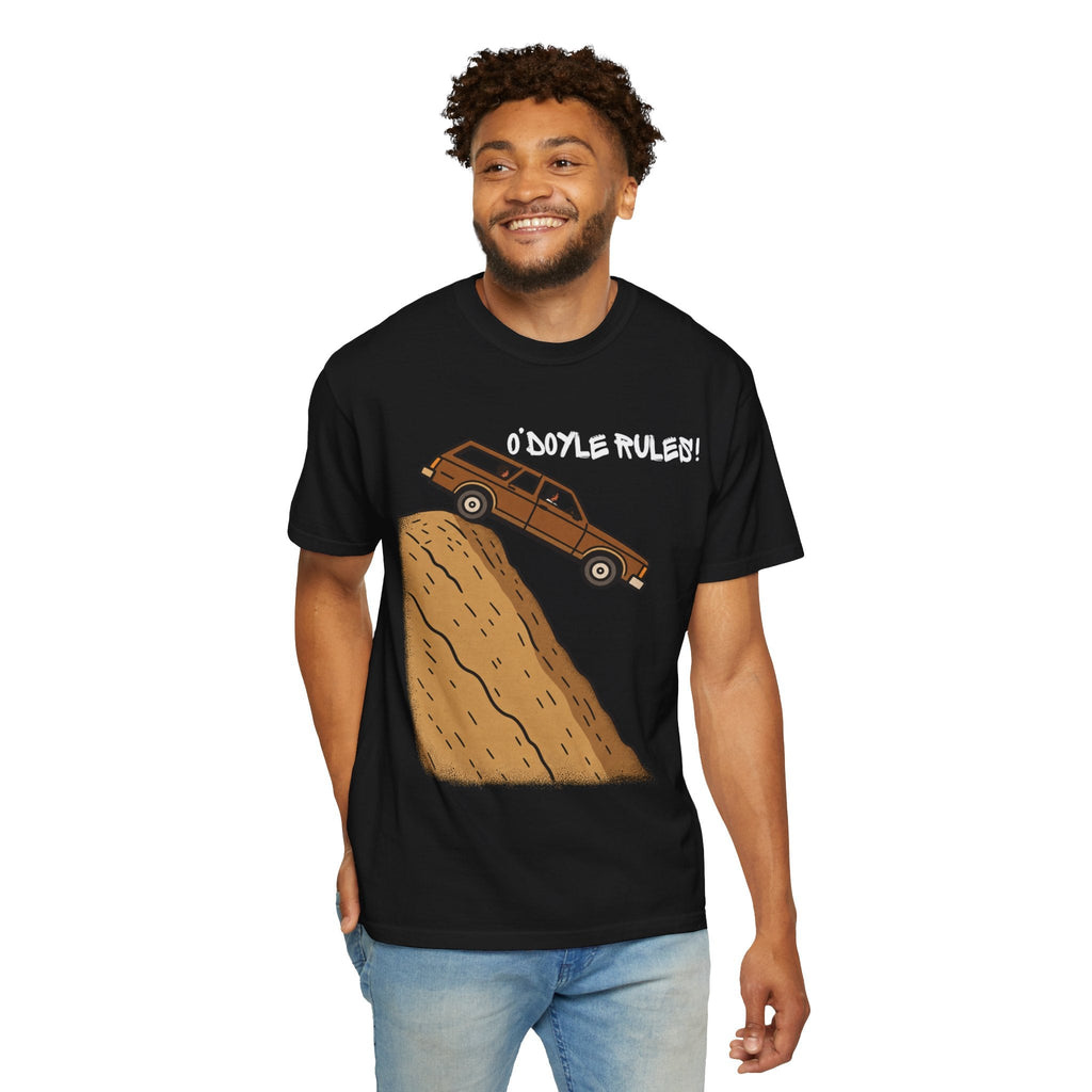Wicked Thread Society black heavyweight cotton graphic tee featuring a wood-paneled wagon on a hill.