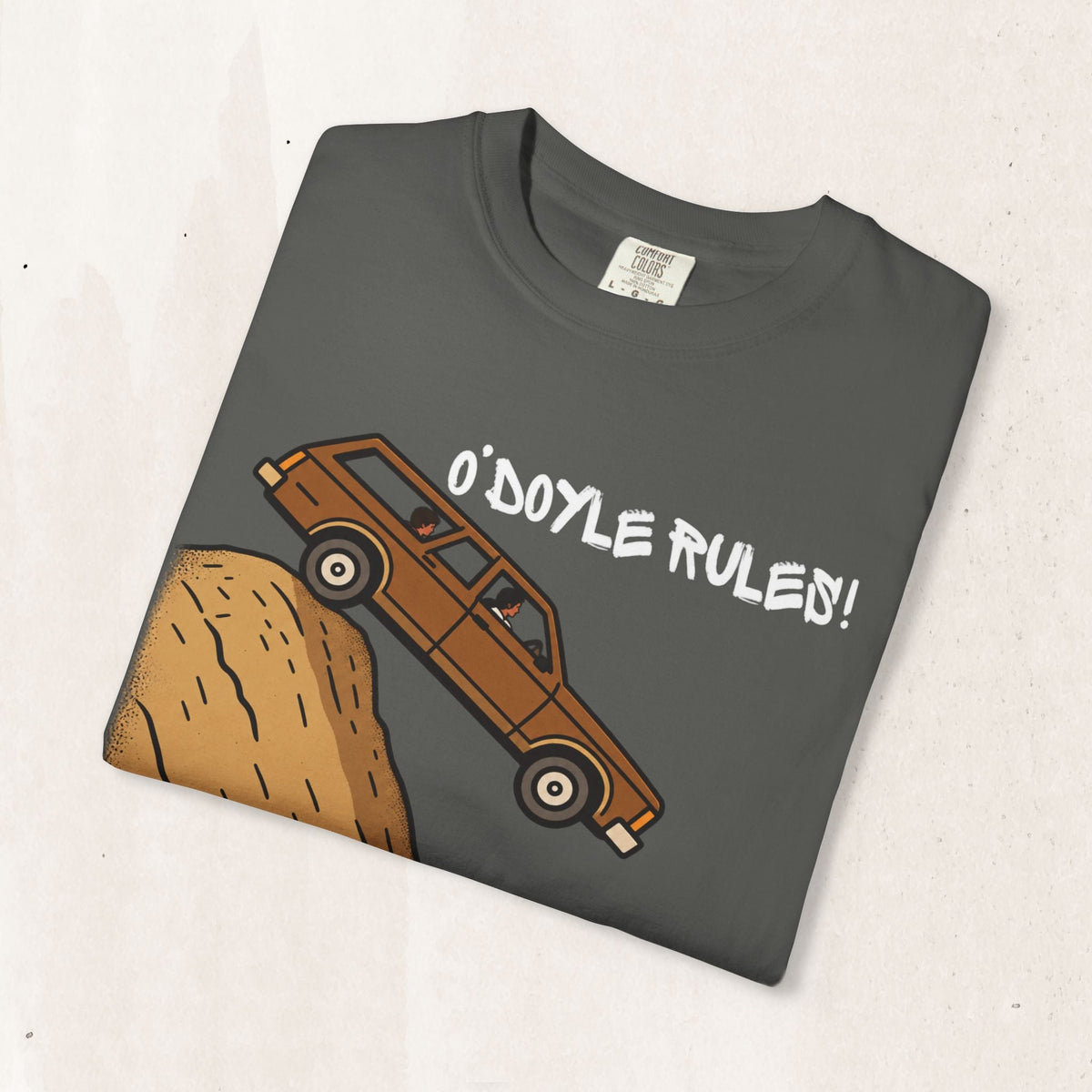Wicked Thread Society charcoal grey heavyweight cotton graphic tee featuring an O'Doyle Rules wood-paneled wagon print.