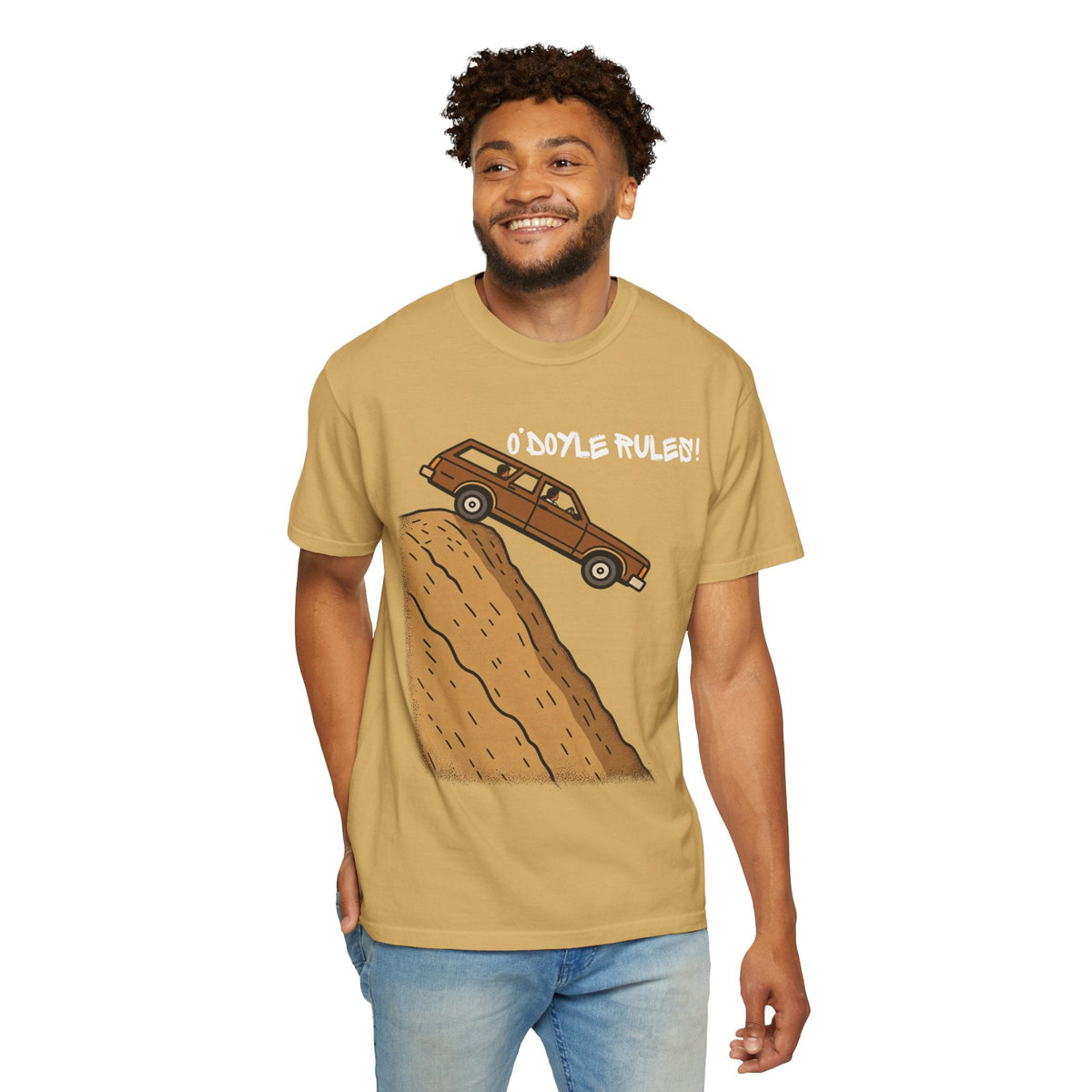 Wicked Thread Society relaxed-fit tan cotton graphic tee featuring a Billy Madison O'Doyle Rules wood-paneled wagon