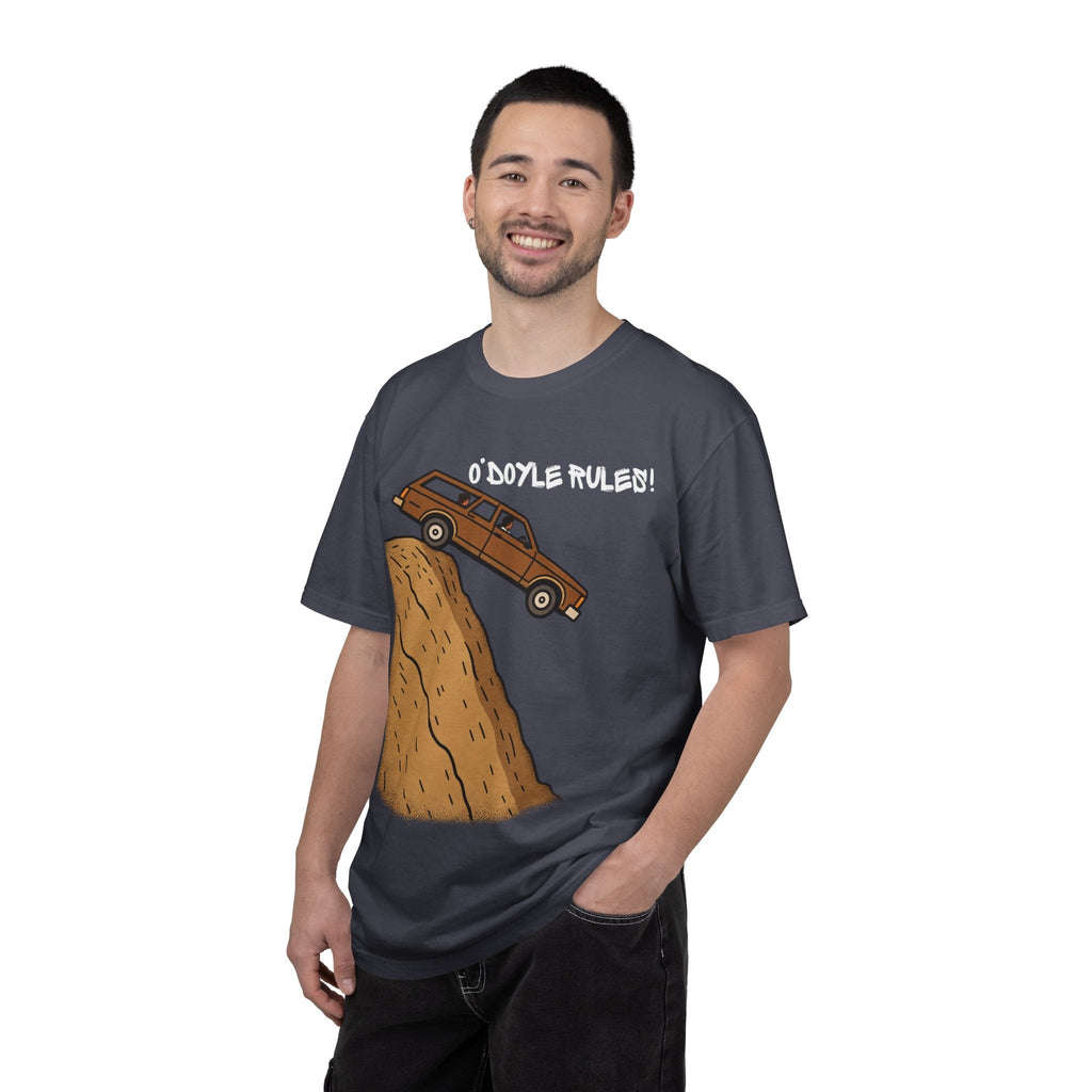 A smiling man wearing a Wicked Thread Society charcoal grey heavyweight cotton graphic tee with a woodie wagon design.