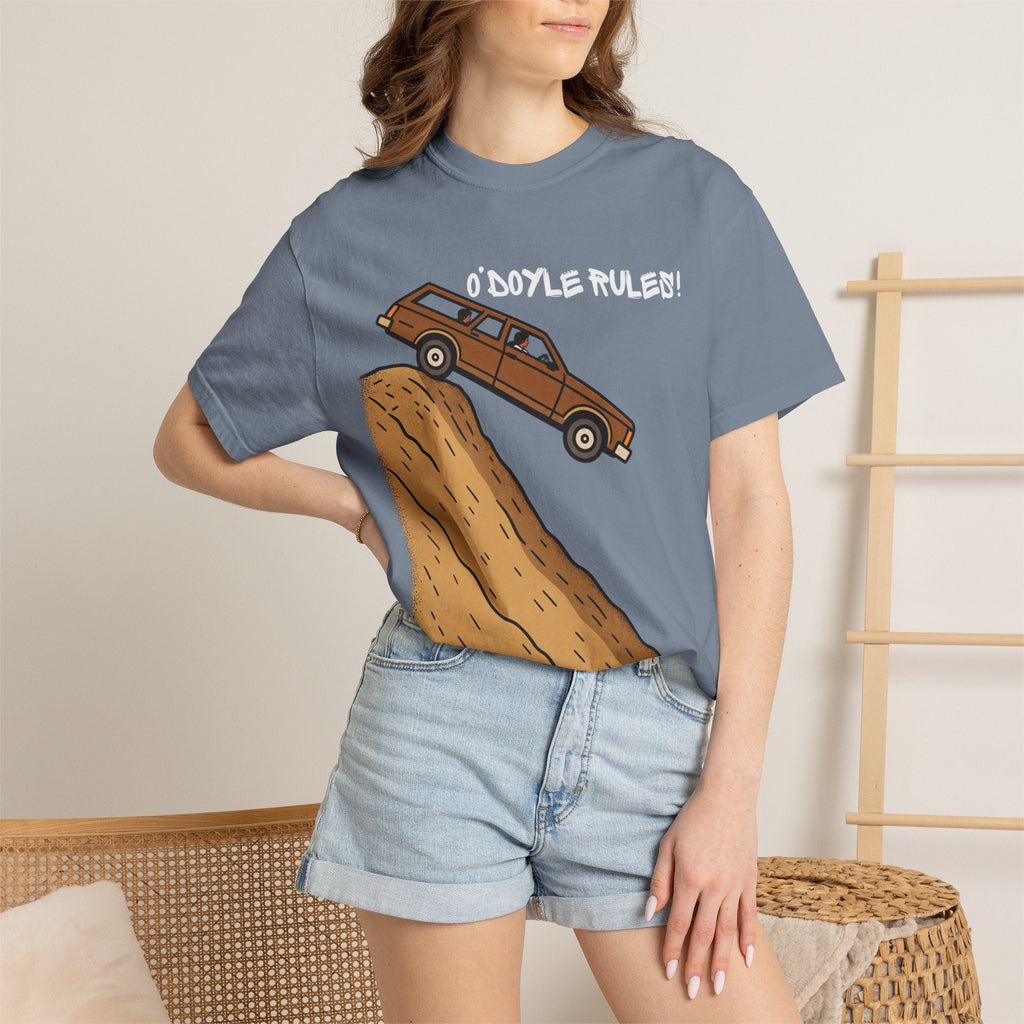 Wicked Thread Society relaxed-fit blue garment-dyed cotton tee featuring a vintage woodie wagon graphic