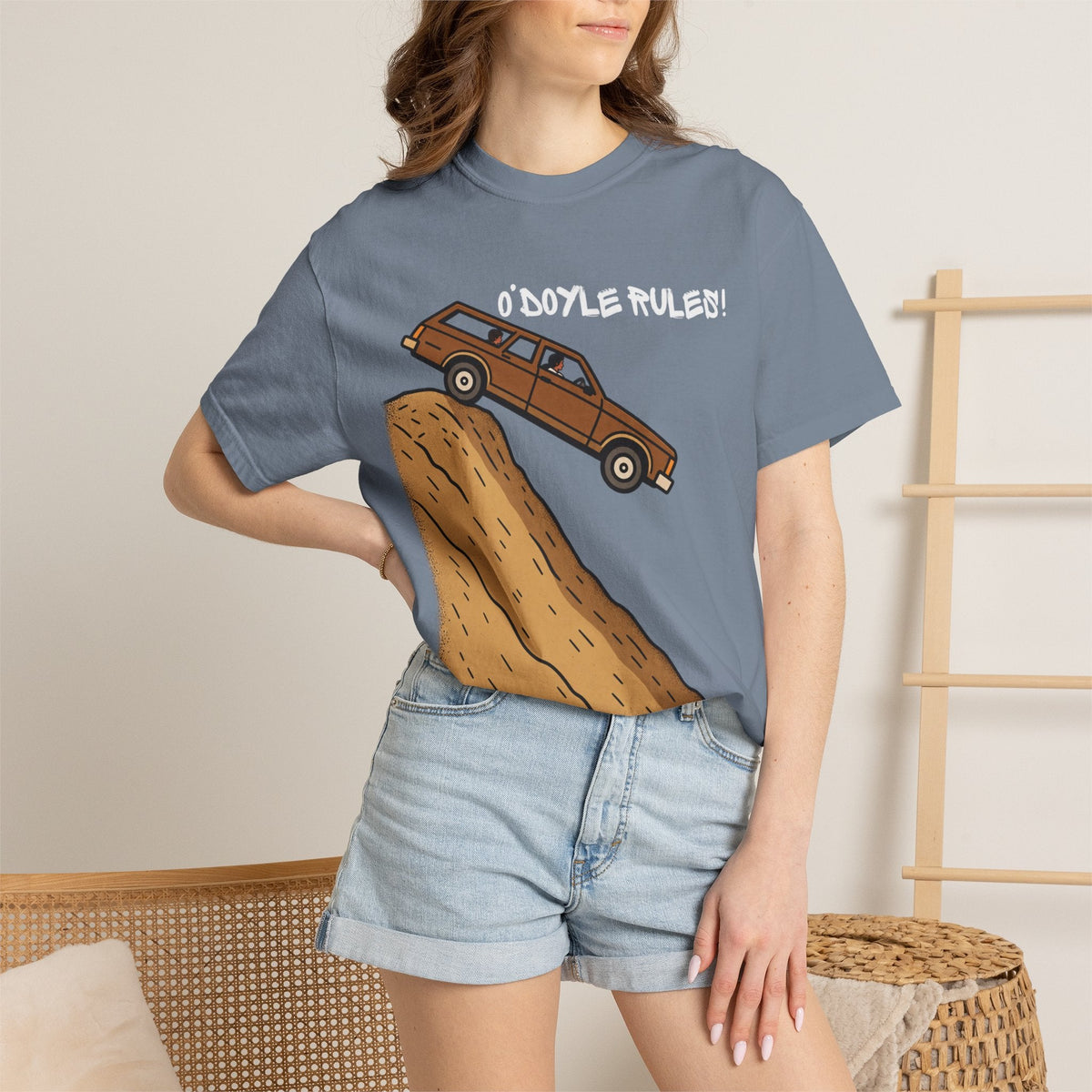 Wicked Thread Society relaxed-fit blue garment-dyed cotton tee featuring a vintage woodie wagon graphic