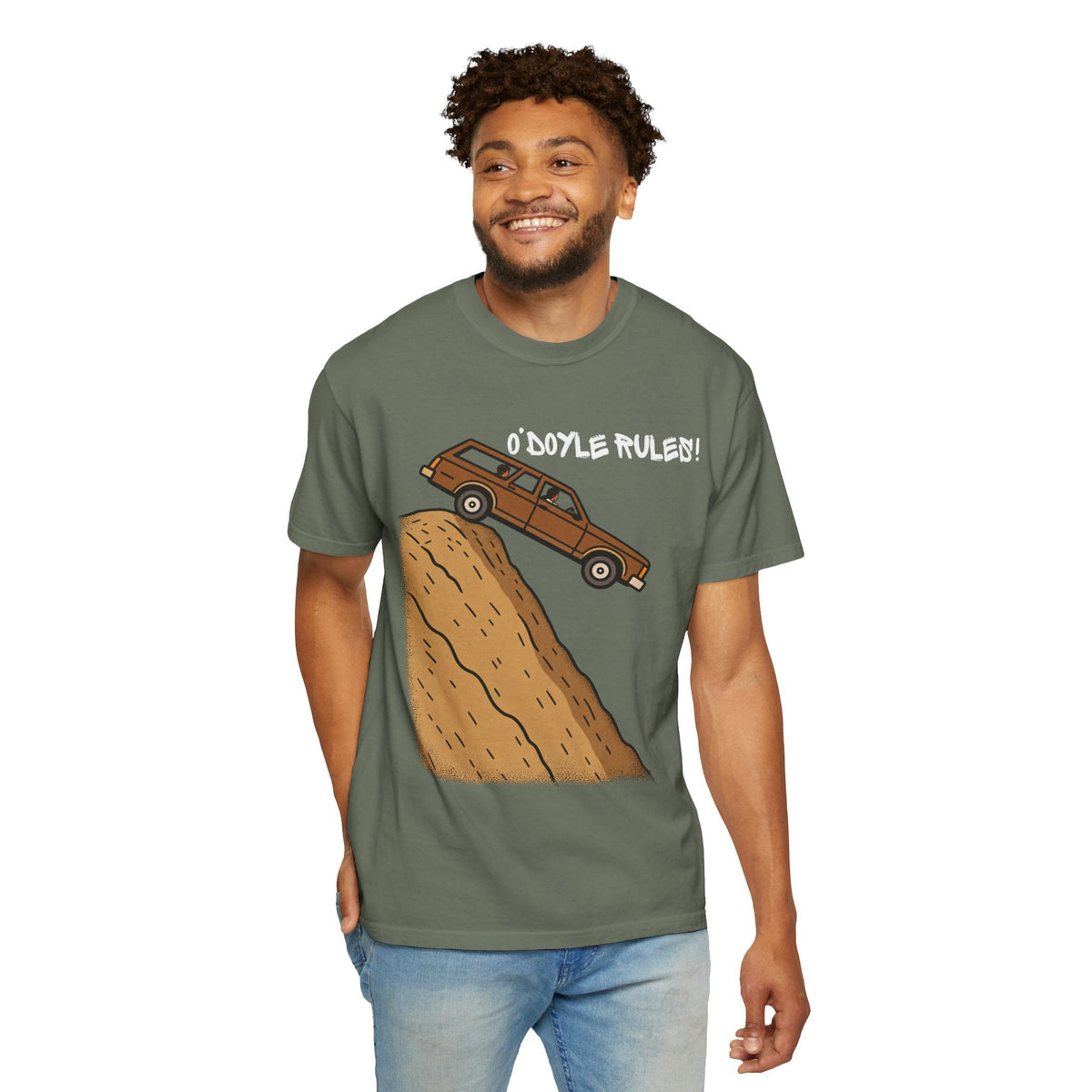 A smiling man wearing a Wicked Thread Society olive green heavyweight cotton tee with an O'Doyle Rules graphic.