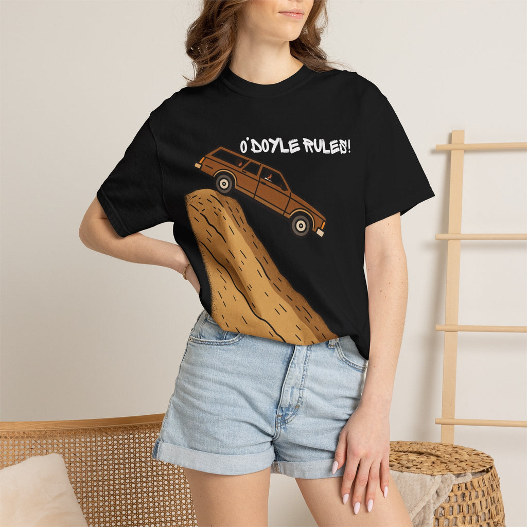 Wicked Thread Society black heavyweight cotton graphic tee featuring a wood-paneled wagon on a hill with O'Doyle Rules