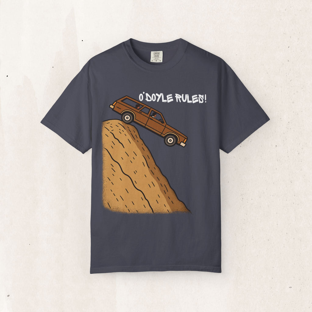 Wicked Thread Society charcoal grey heavyweight cotton graphic tee featuring an O'Doyle Rules wood-paneled wagon print.