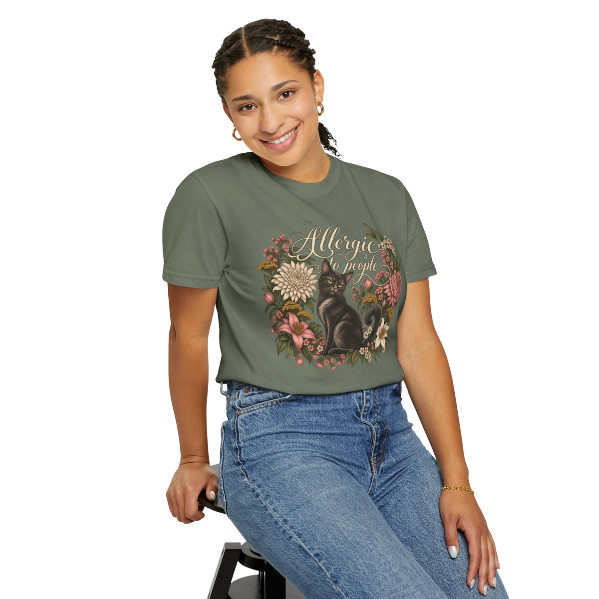 Wicked Thread Society olive green graphic tee featuring a black cat and floral wreath with Allergic to People text