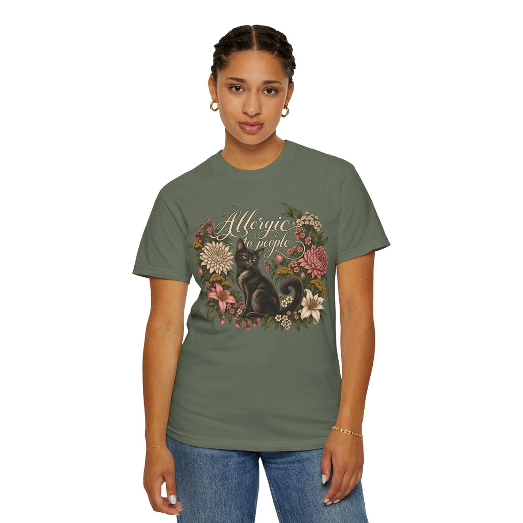 Wicked Thread Society olive green graphic t-shirt featuring a black cat and vintage floral wreath illustration