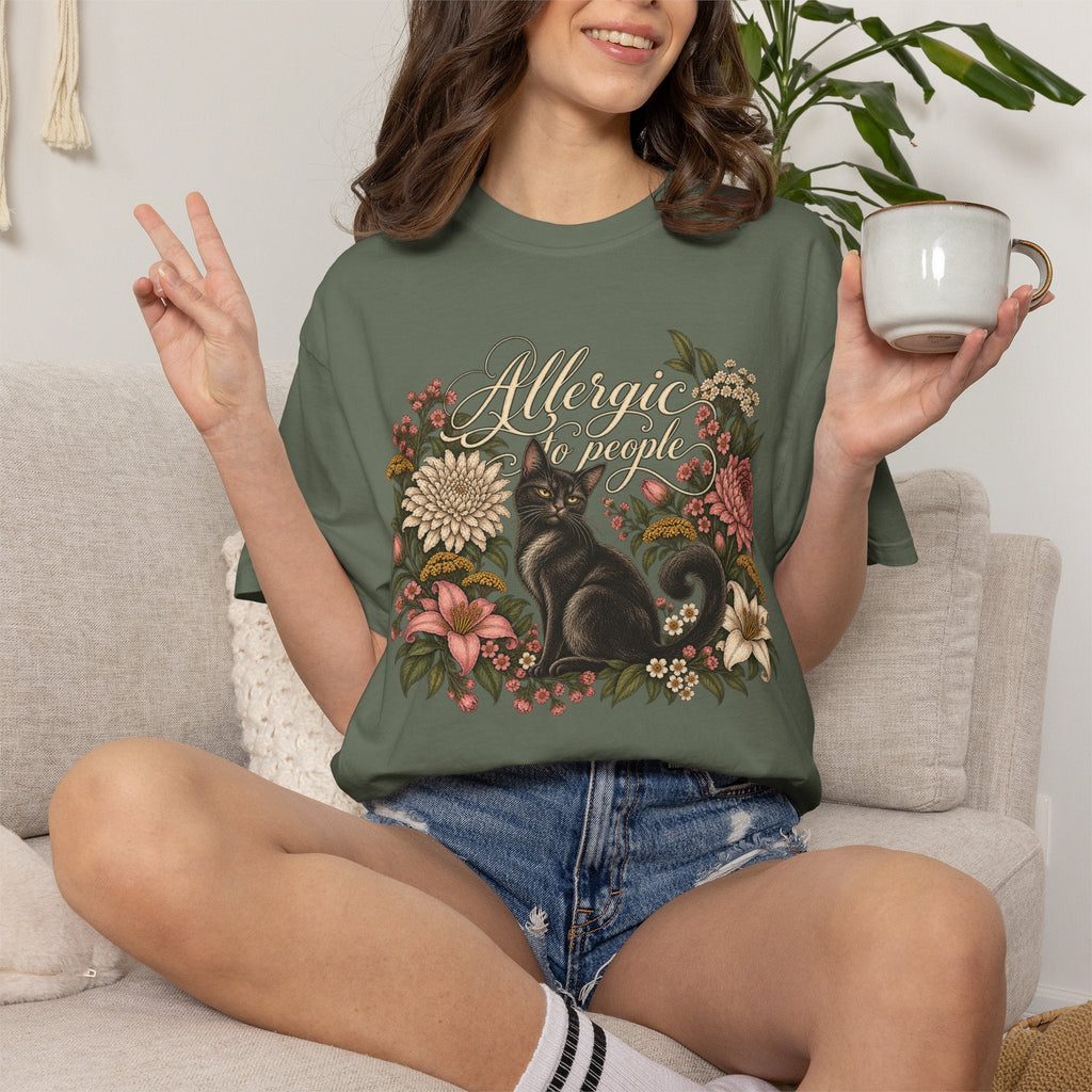Wicked Thread Society olive green graphic t-shirt featuring a black cat and floral wreath with Allergic to People text