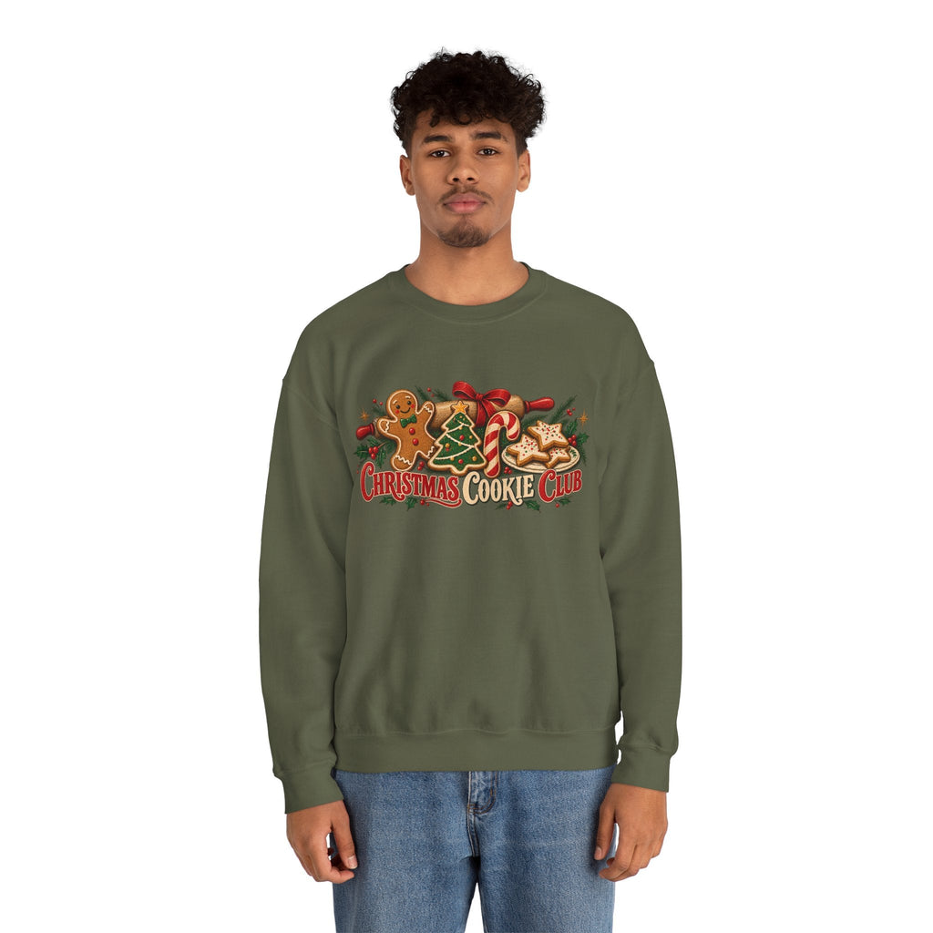 Wicked Thread Society olive green crewneck sweatshirt featuring a festive Christmas cookie and holiday graphic print.