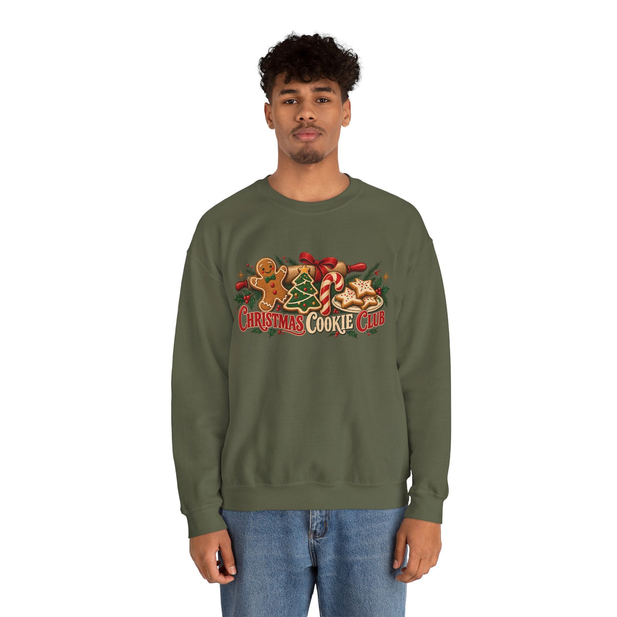 Wicked Thread Society olive green crewneck sweatshirt featuring a festive Christmas cookie and holiday graphic print.