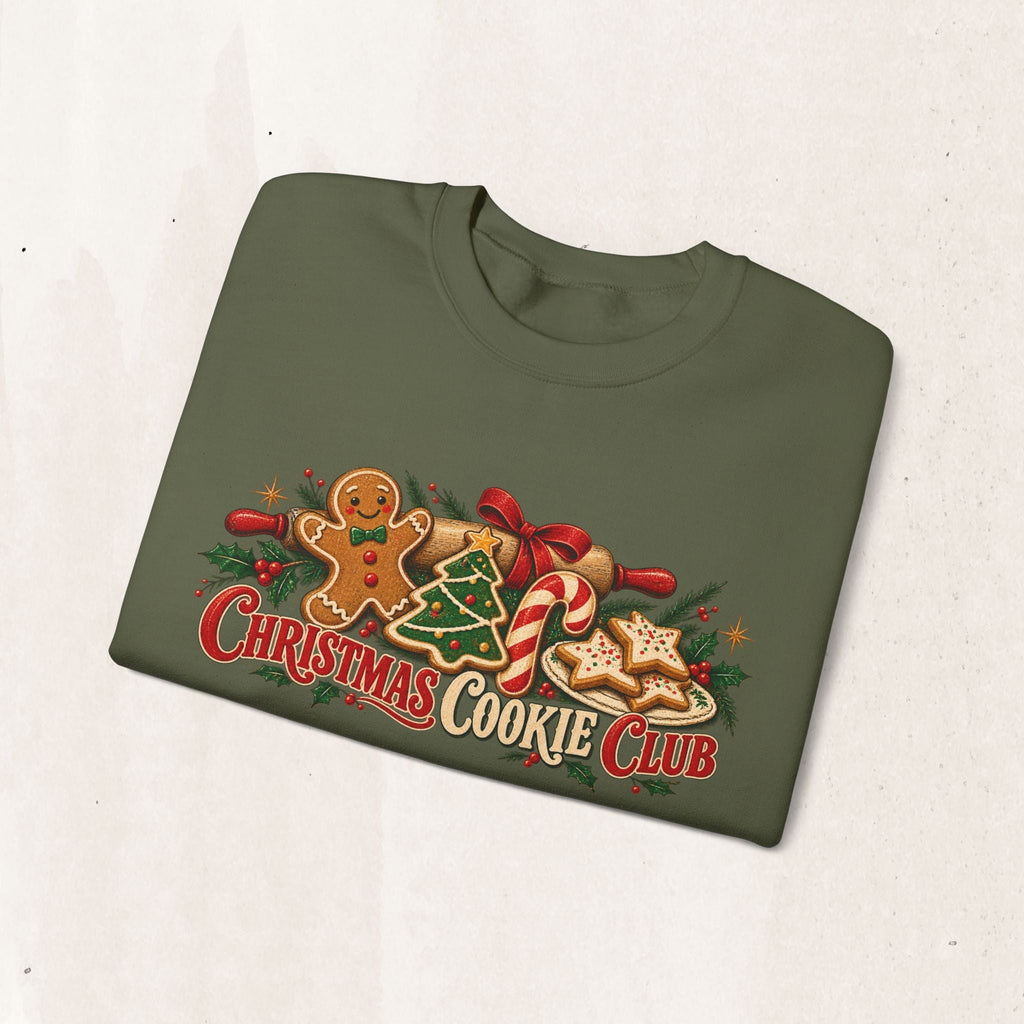 Wicked Thread Society olive green crewneck sweatshirt featuring a festive Christmas Cookie Club graphic print.