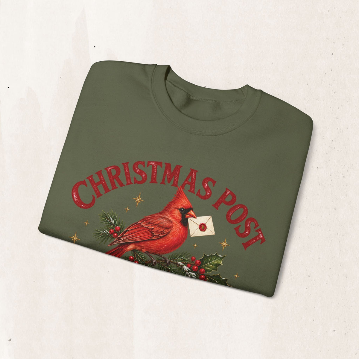 Wicked Thread Society olive green crewneck sweatshirt featuring a cardinal bird with a letter and Christmas text.