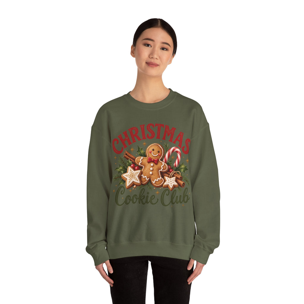 Wicked Thread Society olive green crewneck sweatshirt with a festive gingerbread man and Christmas cookie graphic.