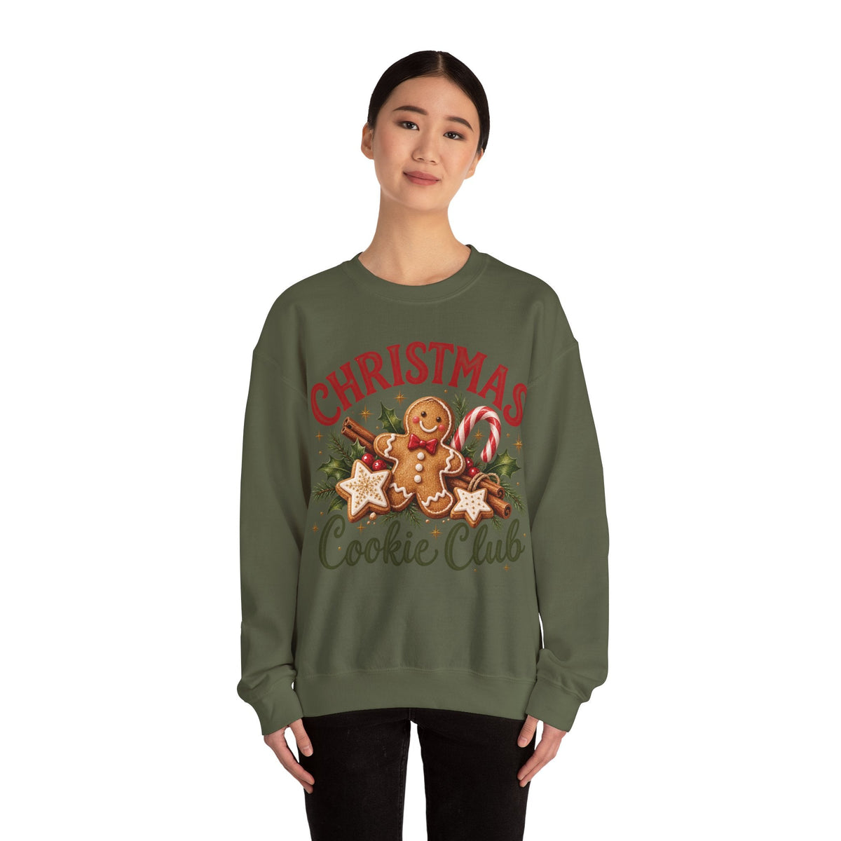 Wicked Thread Society olive green crewneck sweatshirt with a festive gingerbread man and Christmas cookie graphic.